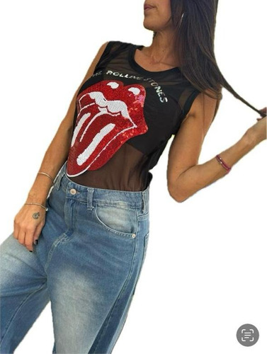 Remera Bordada Sin Mangas Lentejuelas Mujer- Rolling Stones