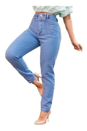 Calça Jeans Mom Color Detalhe Pence Frontal Roupa Feminina