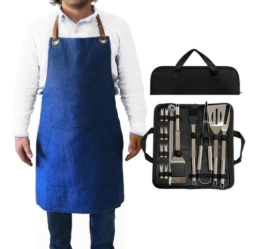 Pack Set Asado Parrilla 20 Uds + Pechera Jeans Asa Eco Cuero