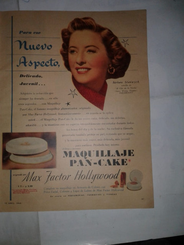 Publicidad 1949 Barbara Stanwyck Max Factor Hollywood