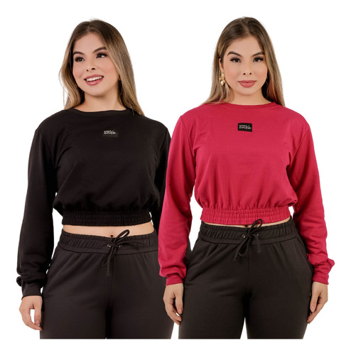 Kit 2 Blusa Feminina Moletom Manga Longa Flanelada Cropped