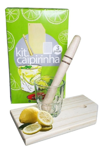 Kit Caipirinha 3 Peças Completo Copo Tábua E Socador Madeira