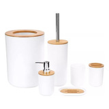 Kit Banheiro Conjunto Completo Lixeira Escova De Bambú