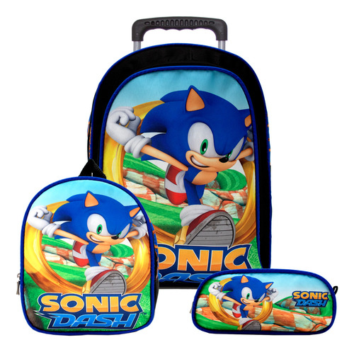 Kit Mochila Infantil Escolar Sonic Runners Com Rodinhas