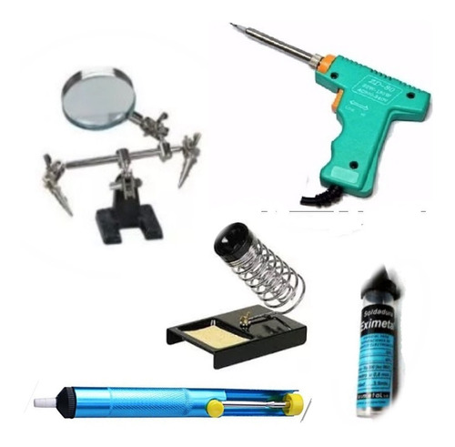 Kit Soldador Pistola+soporte Lupa+ Desoldador+ Apoya+estaño