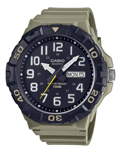 Reloj Pulsera Casio Mrw-210h De Cuerpo Color Beige, Para Hombre, Fondo Negro, Con Correa De Resina Color Beige, Agujas Color Gris, Negro Y Blanco Y Amarillo, Dial Blanco Y Gris, Minutero/segundero Gri