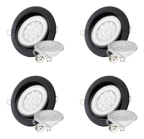 Pack X4 Spot Embutir Redondo Movil Negro Gu10 Tipo Ar111 Led