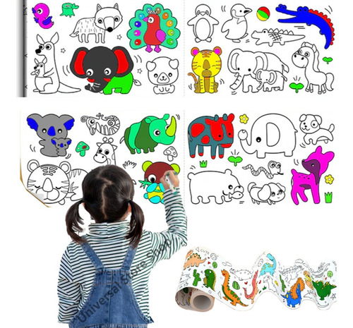 Animales Rollo 3mt Papel Dibujar Colorear Adhesivo Sticker