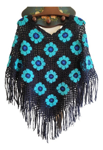 Poncho Tejido Crochet 100% Lana  Azul Flores Calipso