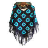 Poncho Tejido Crochet 100% Lana  Azul Flores Calipso