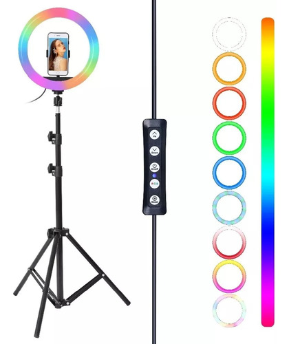 Aro De Leds Rgb 36cm Para Celular + Tripode 2 Metros