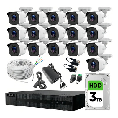 Kit Videovigilancia Hilook By Hikvision 16 Cámaras Bala B110 Metálicas 720p + Hdd 3tb+ Bobina + Accesorios - Kit Cctv Kit7204bm-low-cc (dvr Hilook 216g-m1 Circuito Cerrado) | Envío gratis