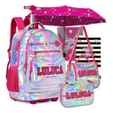 Kit Mochila Luluca Escolar Feminina Infantil Rodinhas Nova