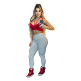 Conjunto Fitness Top Vermelho Legging Listrada Empina Bumbum