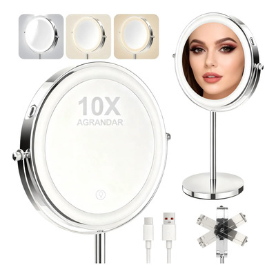 Espejos Para Maquillaje Doble 1x/10x Aumento Touch Led 3mode