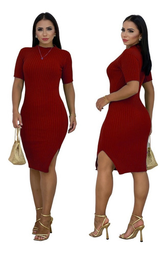 Vestido Tricot Midi Canelado Moda Mulher Linda!