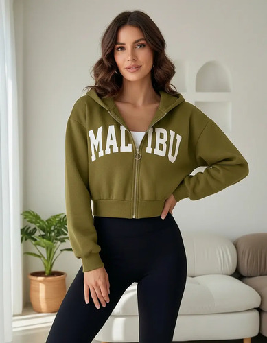 Sudadera Corta Para Mujer Con Cierre Y Gorro Estilo Casual