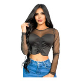 Blusa Malla Con Recogido Croptop Lycra Mate Negra Para Dama