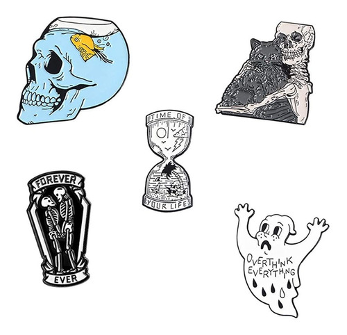 Funny Art Enamel Pin Set  Skull Ghost Skeleton Cat Hour...
