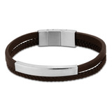 Pulseira Life Masculina Placa Aço E Couro Marrom 19,5 Cm Comprimento 19.5 Cm