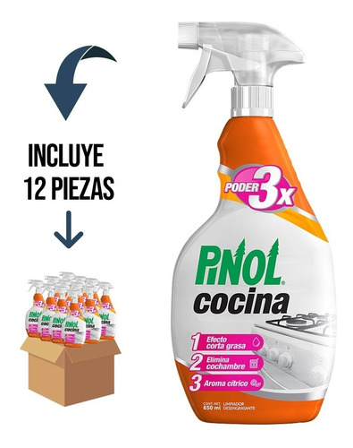 12 Pz Pinol Poder Cocina Cítrico Anti-grasa Cochambre 650ml 