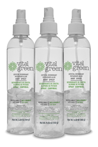 Vital Green Spray Desodorante Recargable Alumbre 150 G (3u)