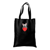 Bolsa Tote Bag Artesanal Gabardina Bordado Bulldog Corazón