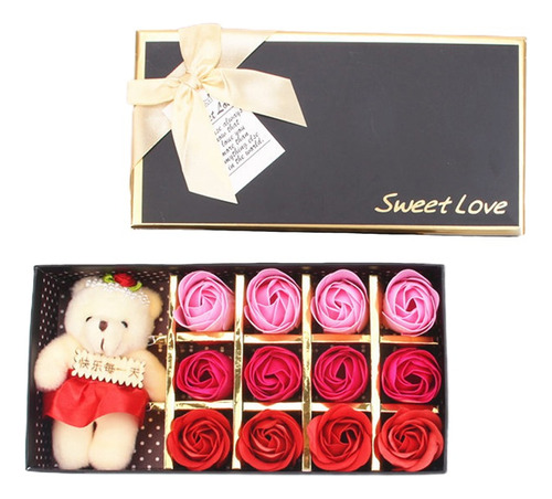 12 Rosas De Jabón De Regalo Caja Con Ositas De Peluche 