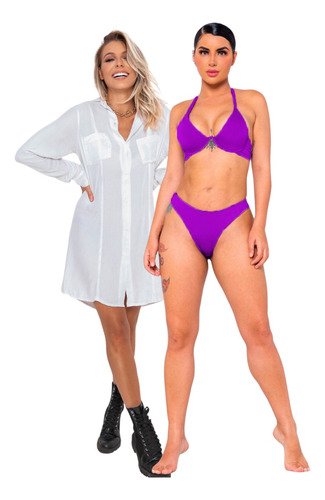 Kit Biquíni Feminino Moda Praia + Saída De Praia Chemise