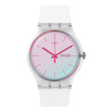 Reloj De Pulsera Swatch Originals Polarose De Cuerpo Color Transparente, Analógico, Para Mujer, Fondo Rosa Y Celeste, Con Correa De Silicona Color Blanco, Agujas Color Rosa, Dial Rosa, Bisel Color Pla