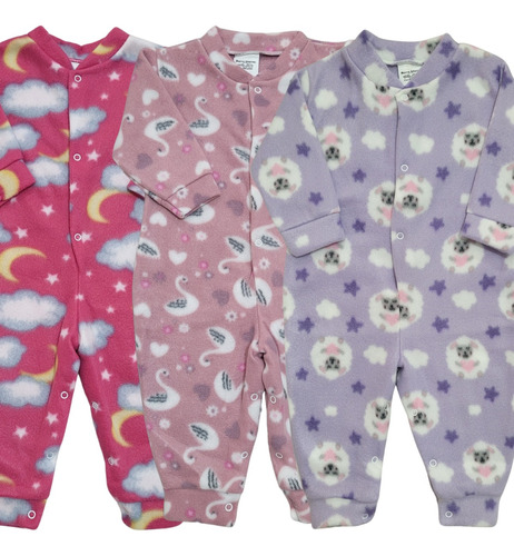 3 Macacão Pijama Roupa De Frio Com Ziper Menina Manta Fleece