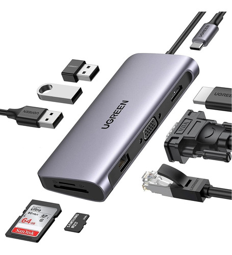 Hub Adaptador Usb C 9 En 1 Rj45 Hdmi Usb 3.0 Sd Vga / Ugreen