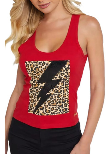 Guess Blusa Dama Estilo Rene Tank Roja Gde Leoperdo Rayo