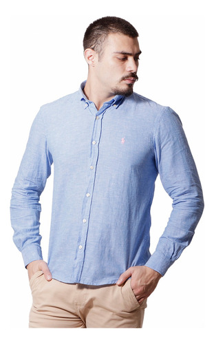 Camisa Linho Masculina Manga Longa Azul + Frete Grátis