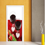 Vinilo Para Puerta Vino Copas Corazon Amor Deco Rosas Mesa