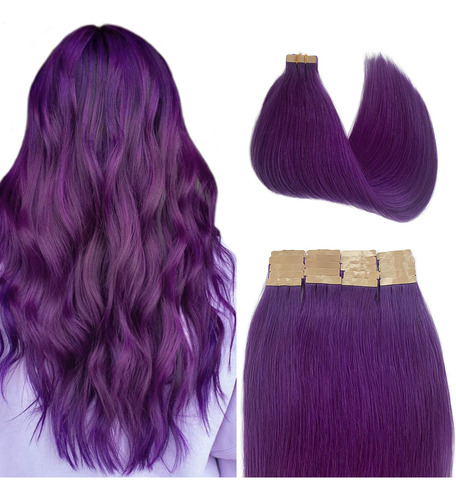 Extensiones De Cabello Humano Color Morado Con Cinta, 14 Pu.