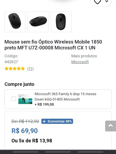 Mouse Sem Fio Microsoft 1850 Usado 
