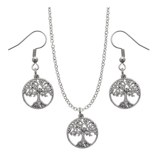 Kit Collar Y Aretes Árbol Vida Talismán Dije Cadena Acero