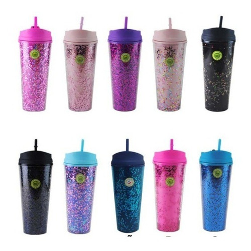 Paquete 24 Vasos Glitter Tapa Mate Termos Antiderrame Popote