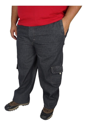 Calça Masculina Plus Size Jeans Cargo Cós Elástico Grande