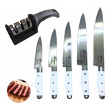 Kit 5 Facas Inox Cozinha Carne Churrasco + Amolador Afiador