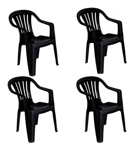 Kit 4 Cadeira De Plástico Bela Vista - Preta - C/ Braço- Mor