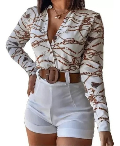 Conjunto De Camisa Y Shorts Florales De Manga Larga