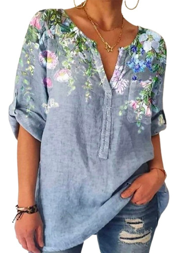 Blusa De Manga Enrollada Con Estampado Floral