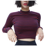 Crop Top Camiseta Corta Rayas Manga Larga Mujer Moda Coreano