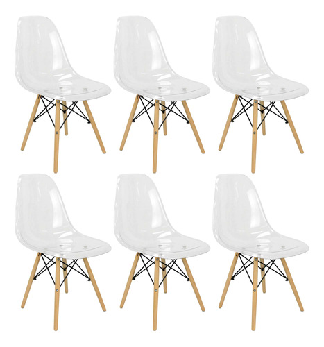 Kit 6 Cadeira Charles Eames Cristal Eiffel Wood Transparente