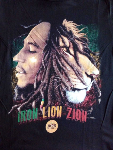 Remera-negra-bob Marley-iron Lion Zion