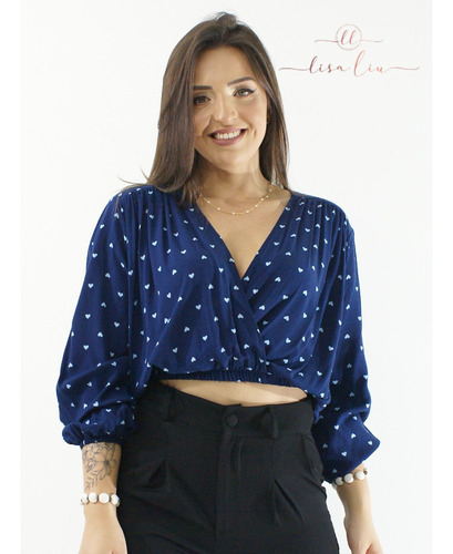 Blusa Feminina Cropped Inverno Gola V Estampa De Coração