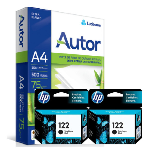 Cartuchos Hp 122 Negro Pack X2 Originales + Resma Autor A4