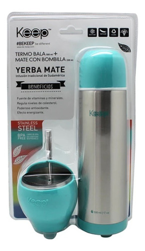 Set Termo Bala 500ml + Mate Con Bombilla 230ml Keep Turquesa